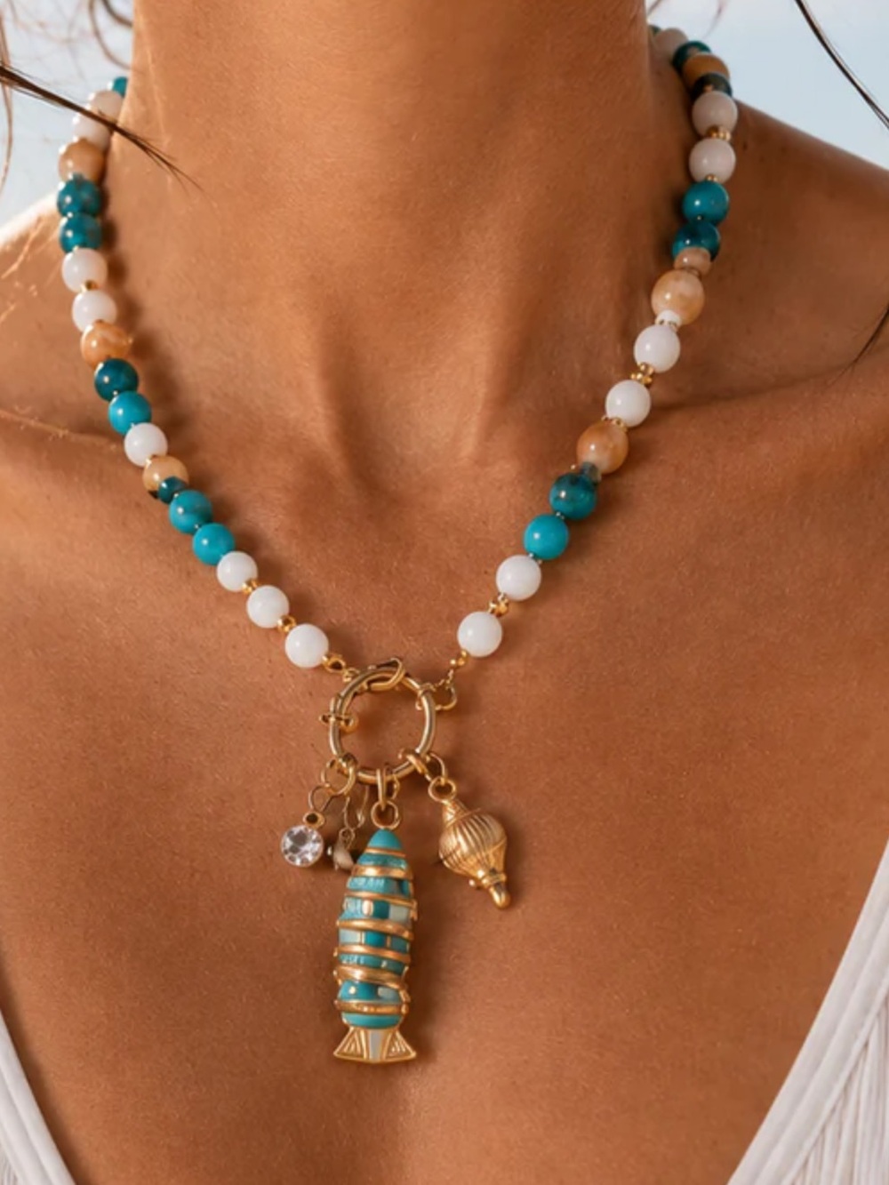 Gold Charm Beaded Necklace with Turquoise, White & Beige Stones